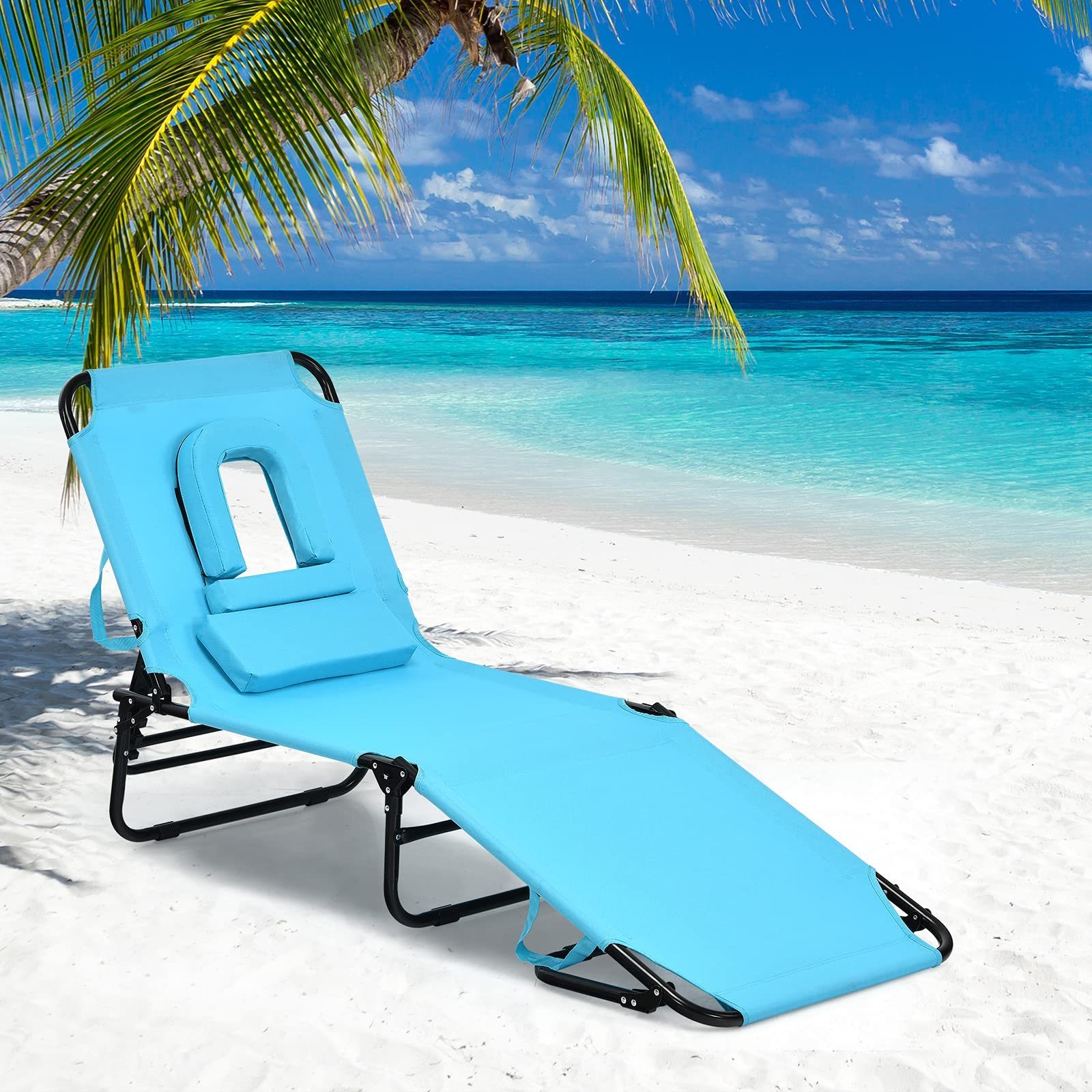 Beach Chaise Lounge Folding Adjustable Sunbathing Chair with Tan Face Cavity