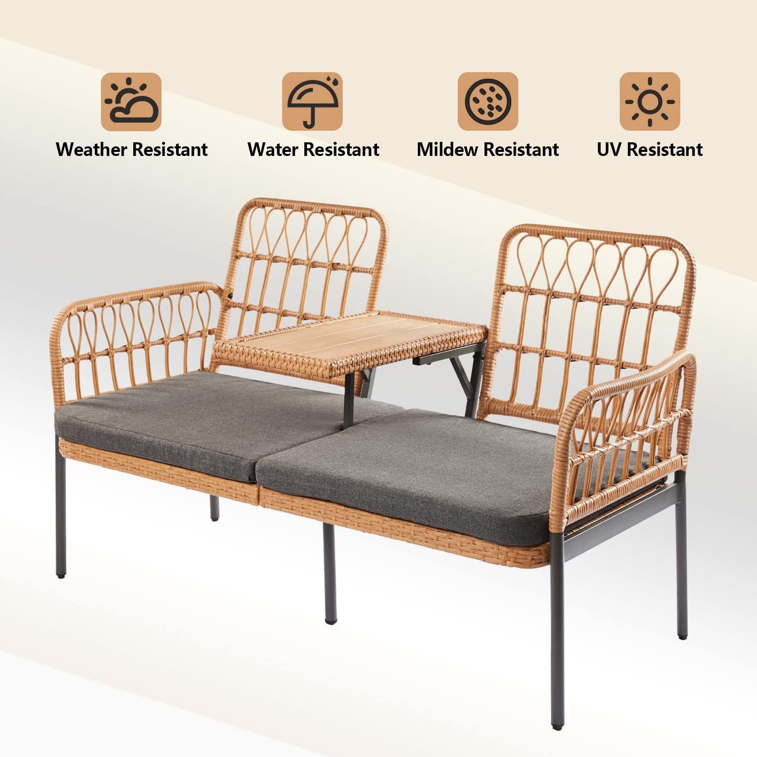 Wicker Conversation Furniture Set, Outdoor Loveseat Chair,Modern Rattan Bench with Removable Cushions&Plywood Table top