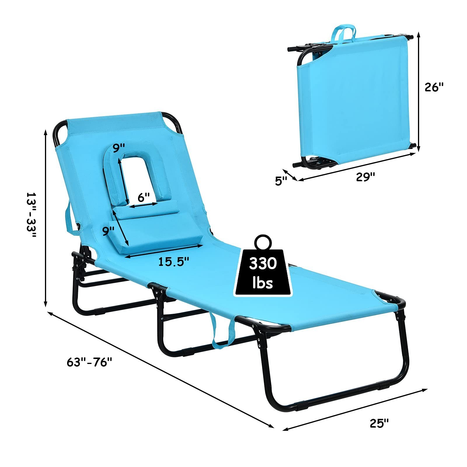 Beach Chaise Lounge Folding Adjustable Sunbathing Chair with Tan Face Cavity