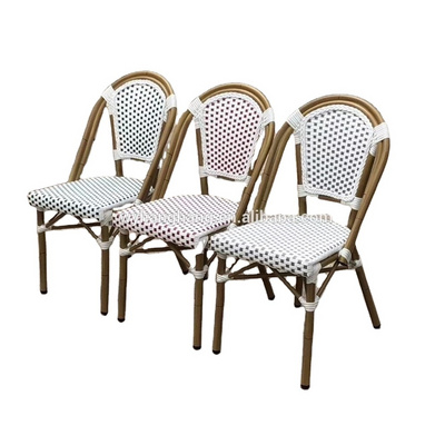 Bamboo looking Bistro Outdoor Dining Chair Cafe Garden Use  For Balcony French style  aluminum stackabe wicker rattan set