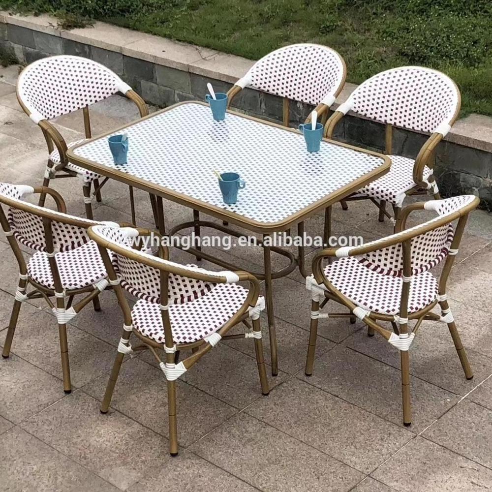 Bamboo looking Bistro Outdoor Dining Chair Cafe Garden Use  For Balcony French style  aluminum stackabe wicker rattan set