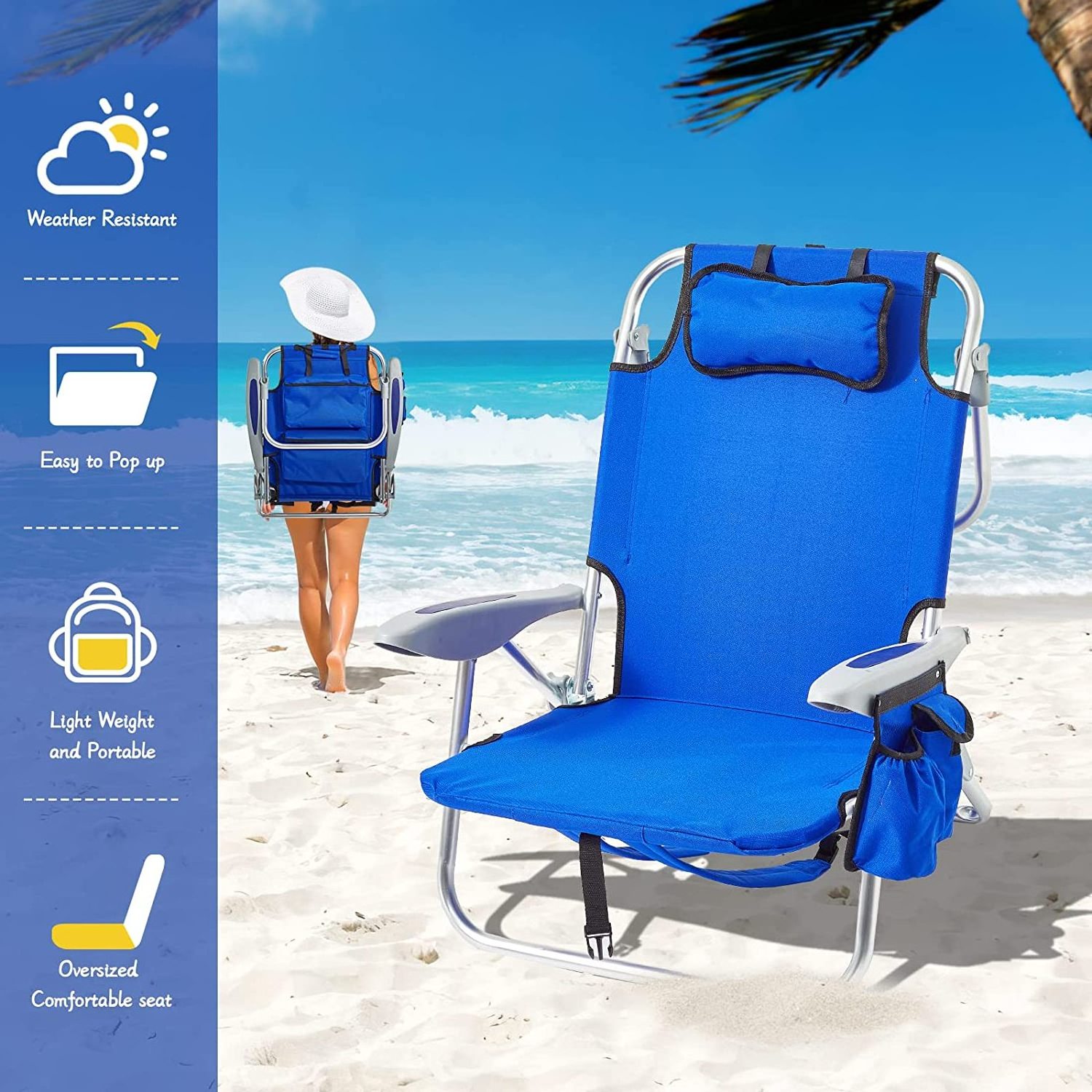 Backpack Beach Chair for Adults with Cooler Pouch Portable Lightweight Beach Chair