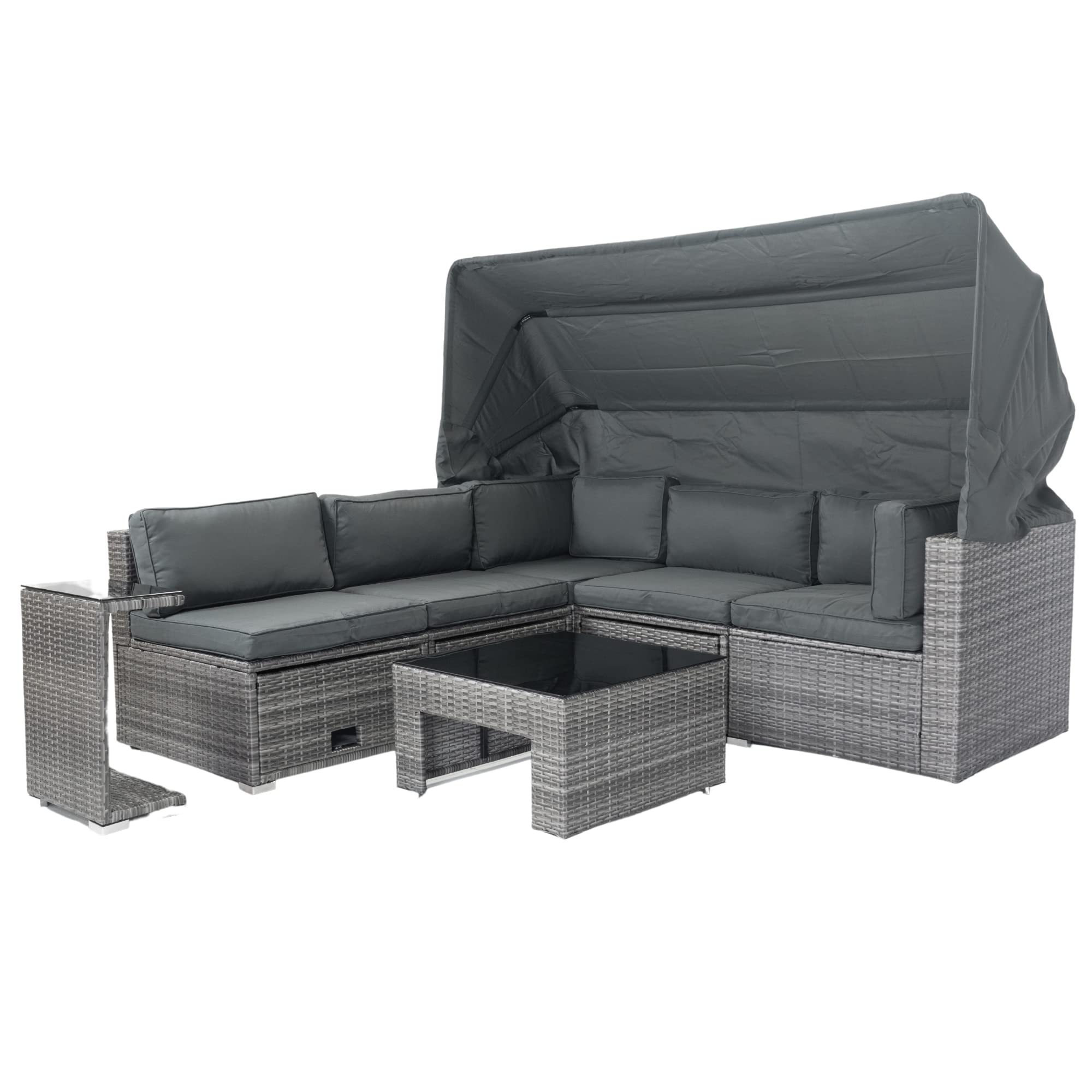 7-Piece w/Retractable Canopy Wicker Rattan Sectional Sofa Set Patio Furniture with Washable Cushions