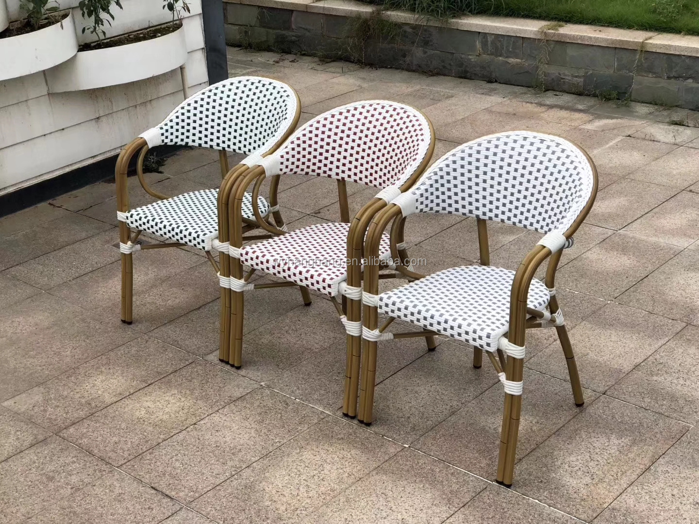 Bamboo looking Bistro Outdoor Dining Chair Cafe Garden Use  For Balcony French style  aluminum stackabe wicker rattan set