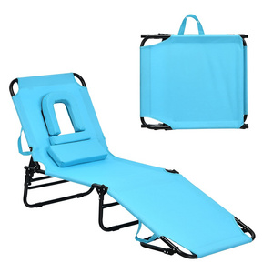 Beach Chaise Lounge Folding Adjustable Sunbathing Chair with Tan Face Cavity