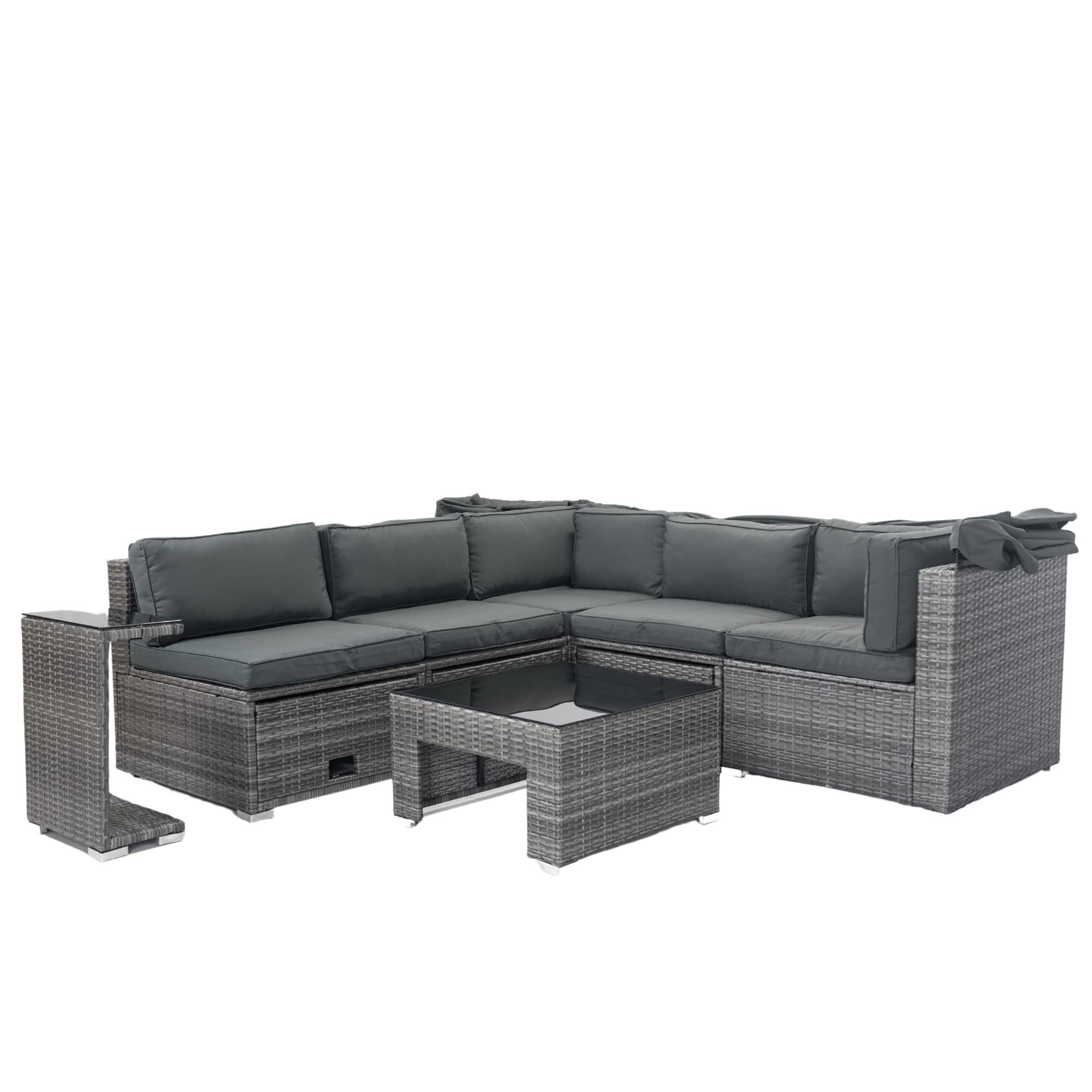 7-Piece w/Retractable Canopy Wicker Rattan Sectional Sofa Set Patio Furniture with Washable Cushions