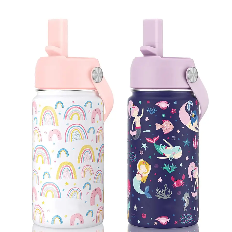 New Pattern  Eco Friendly 12oz 350ml Kids Water Bottles Stainless Steel With Bpa Free Lid Straw