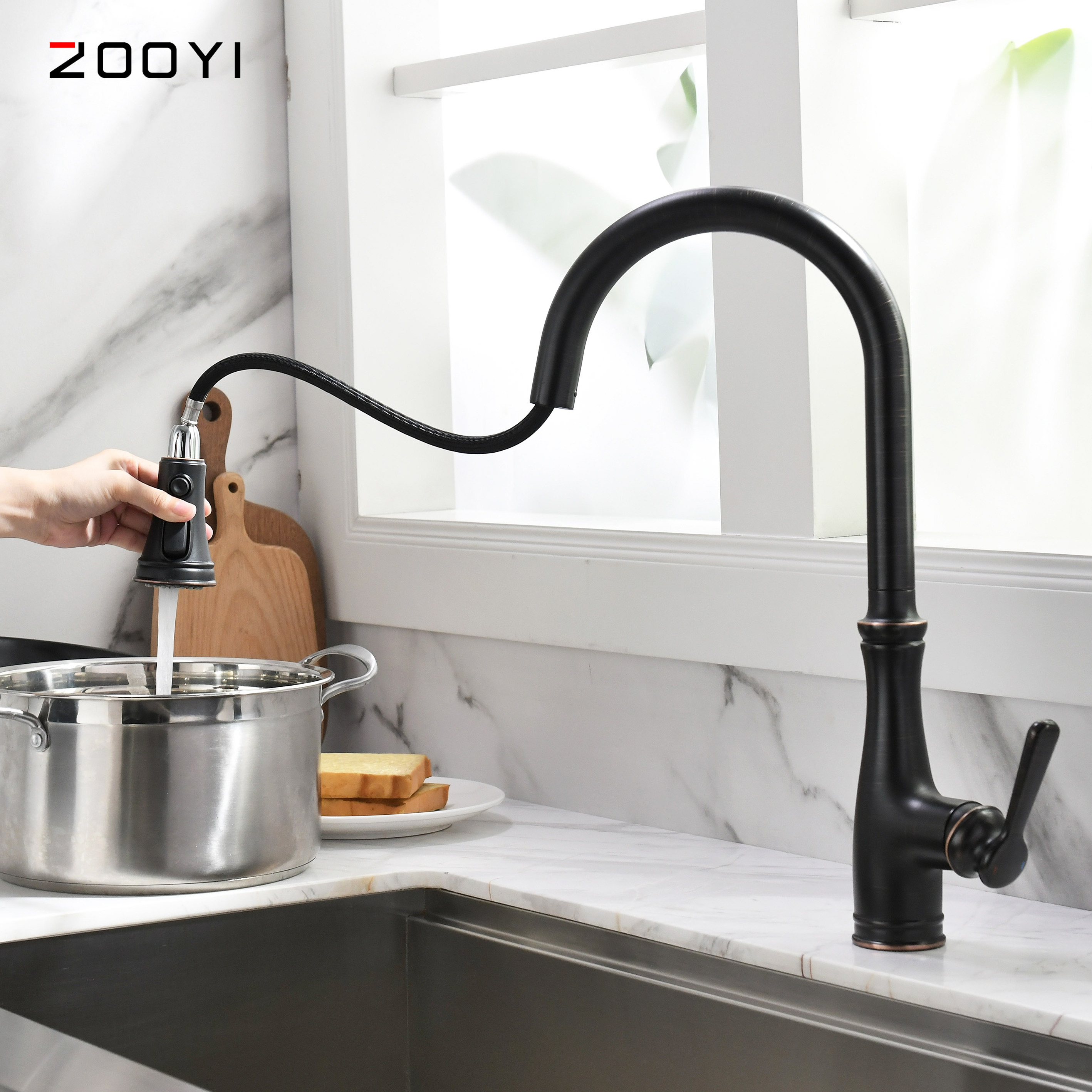 Oil rubbed brushed single handle deck mounted sink mixer with pull down sprayer,  high arc kitchen faucet