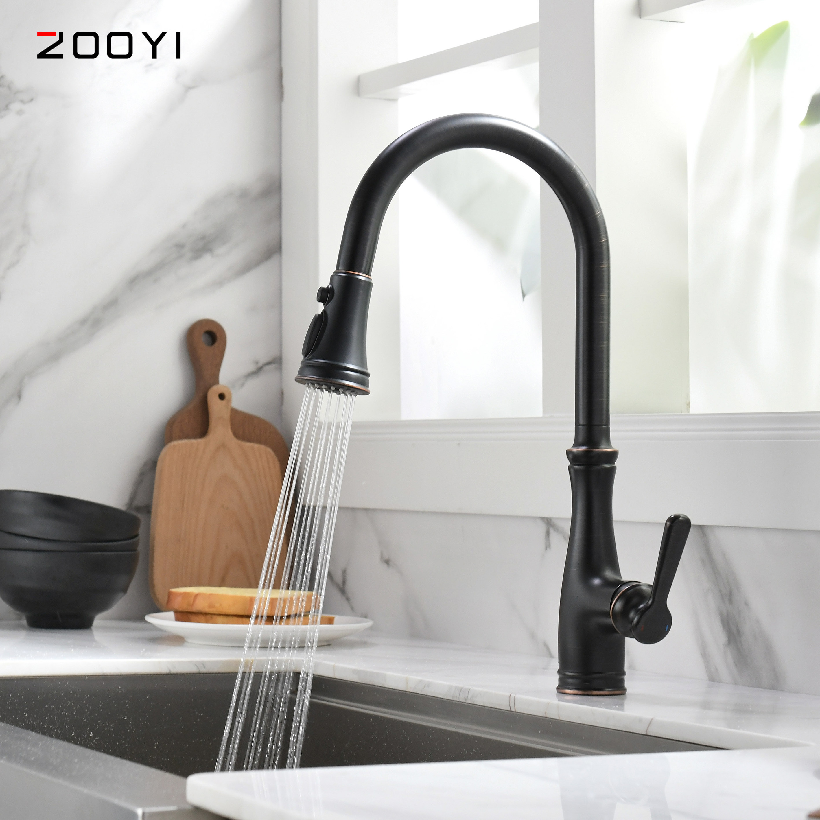 Oil rubbed brushed single handle deck mounted sink mixer with pull down sprayer,  high arc kitchen faucet