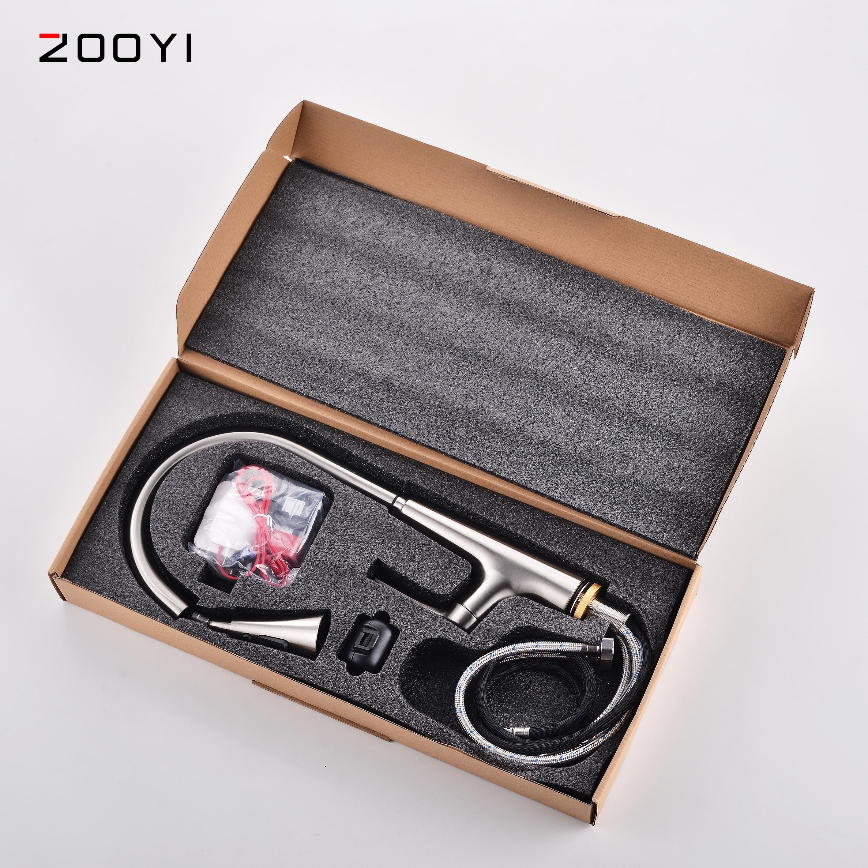 ZOOYI new design 360 degree rotation Brushed nickel intelligent sink pull down touch kitchen faucet sensor