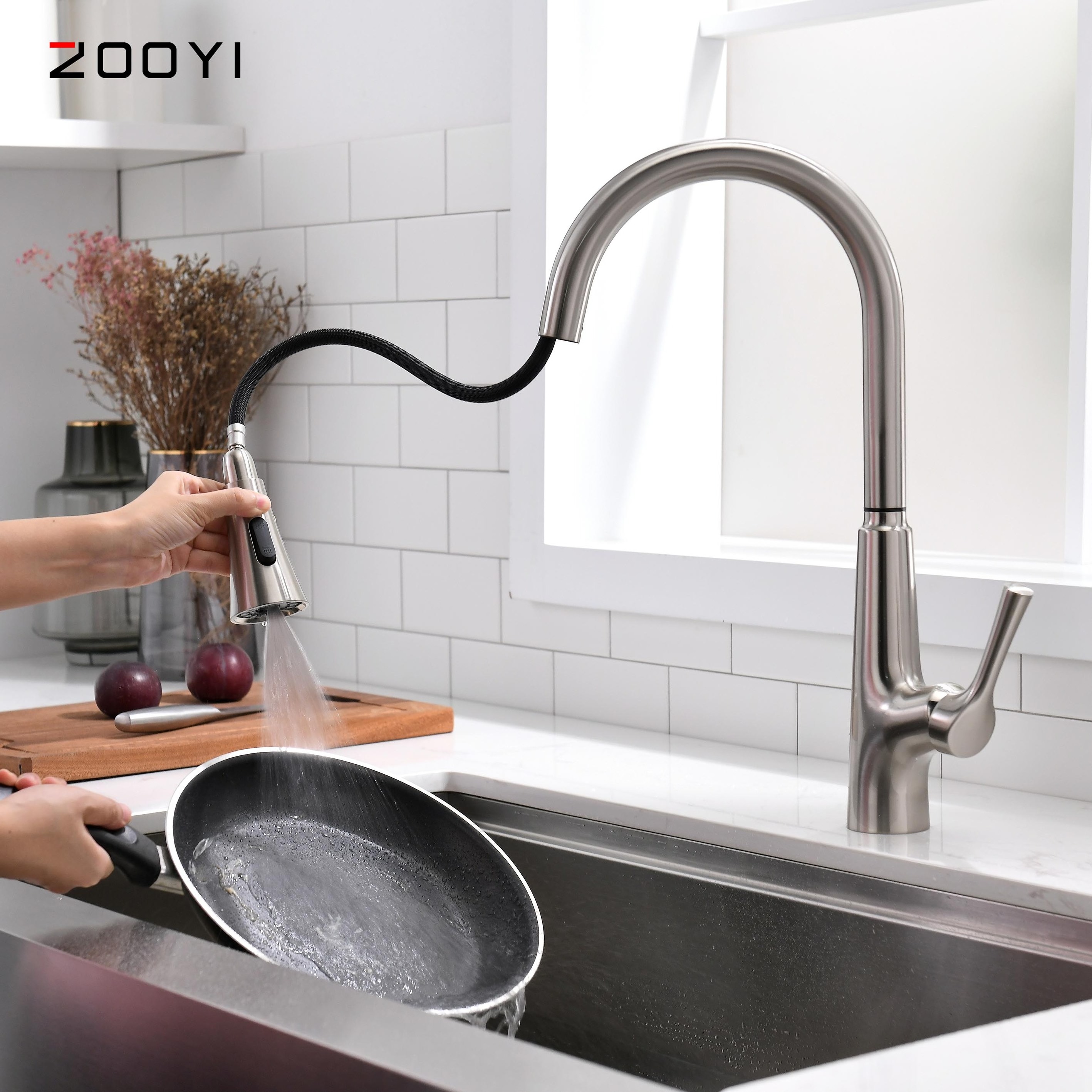 ZOOYI new design 360 degree rotation Brushed nickel intelligent sink pull down touch kitchen faucet sensor