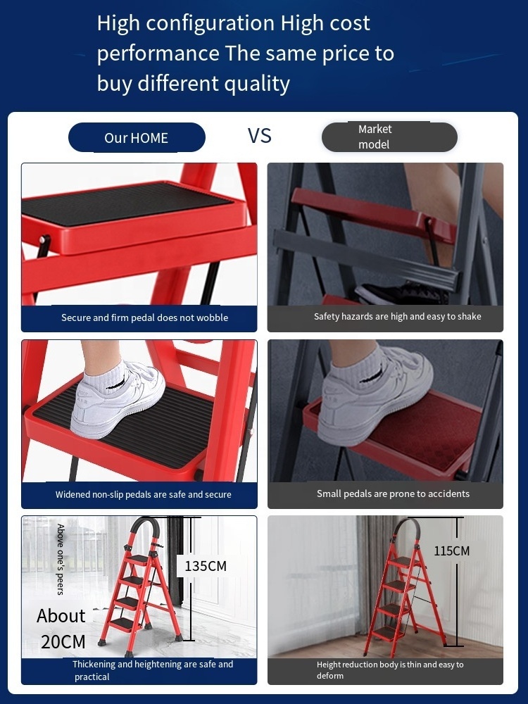 Portability 3 4 5 Step wide step ladders Safety Collapsible Red thickened carbon steel four step ladder