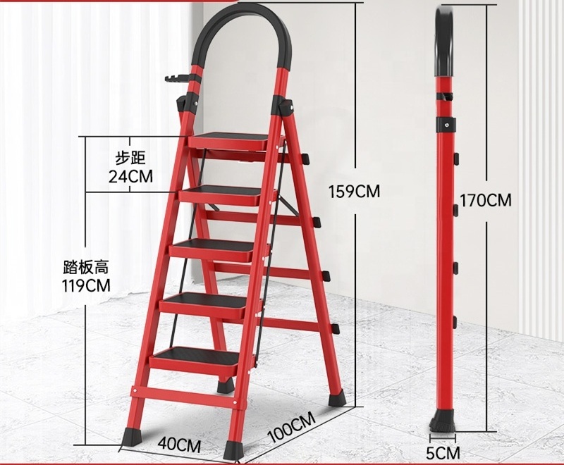 Portability 3 4 5 Step wide step ladders Safety Collapsible Red thickened carbon steel four step ladder