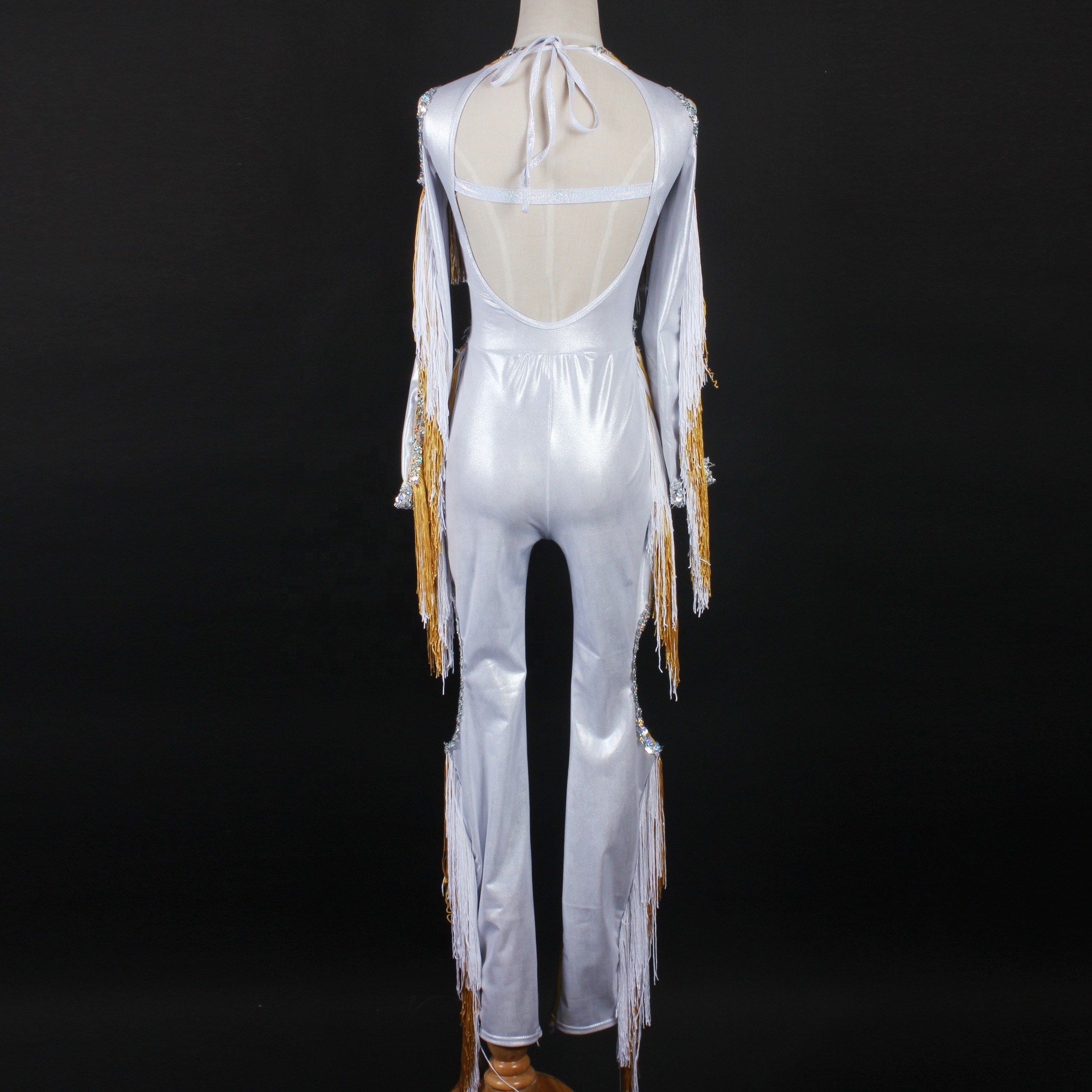 gold and silver foil dance leotard shiny sequin latin dance wear tassel sequin long pants stage performance jazz  wear