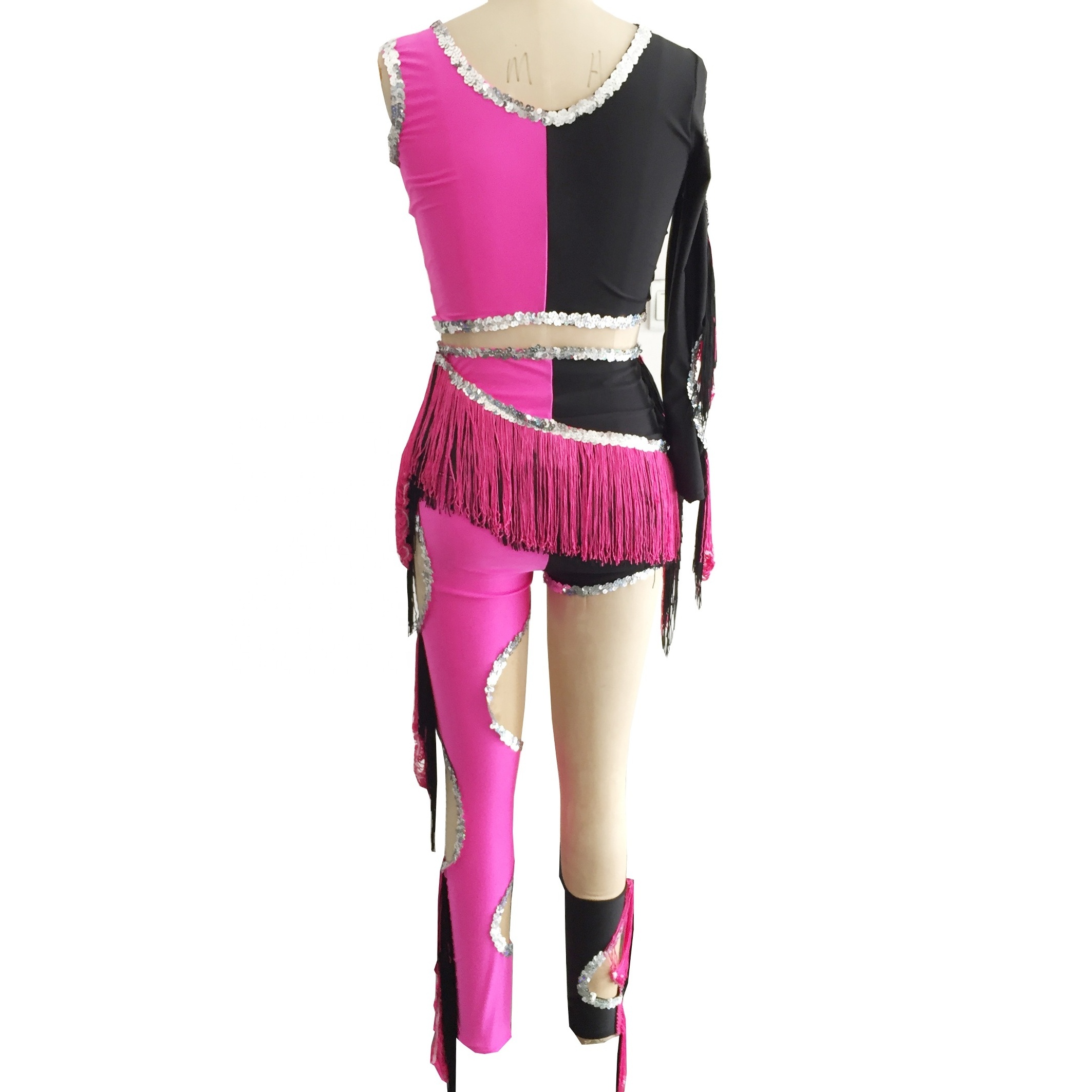 pink black dance leotard adult child jazz sequin dance costume one leg pant tassel stage performance Gymnastics suit