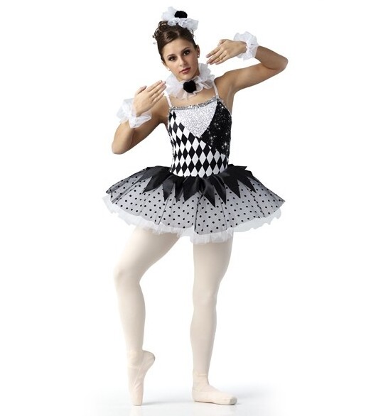 Black and white checked ballet tutu skirt sequin lovely girl clown dance wear black dot stage performance costume