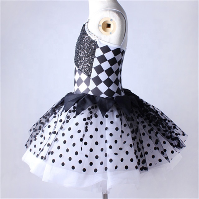 Black and white checked ballet tutu skirt sequin lovely girl clown dance wear black dot stage performance costume