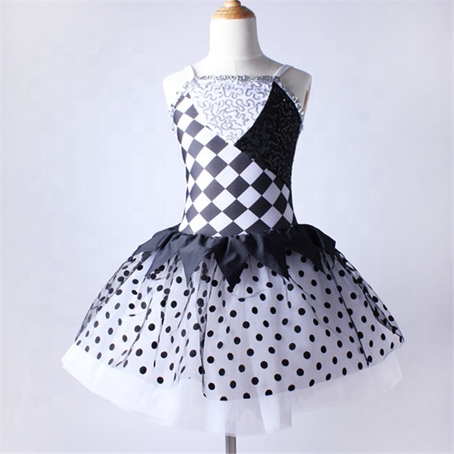 Black and white checked ballet tutu skirt sequin lovely girl clown dance wear black dot stage performance costume