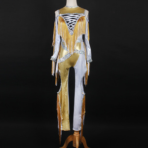 gold and silver foil dance leotard shiny sequin latin dance wear tassel sequin long pants stage performance jazz  wear