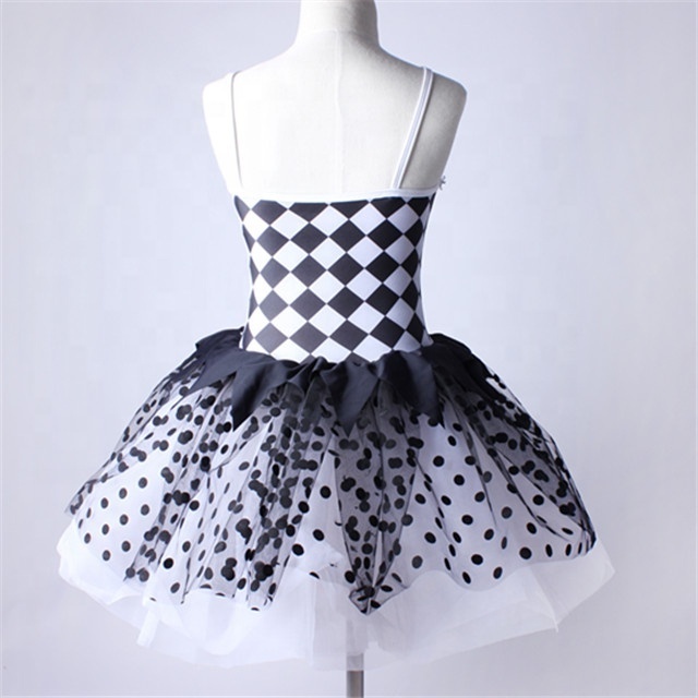 Black and white checked ballet tutu skirt sequin lovely girl clown dance wear black dot stage performance costume