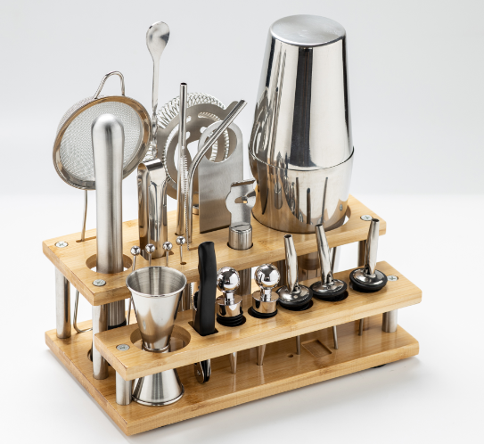 Custom mixology bartender kit 12pcs stainless steel Cocktail Shaker Set with Bamboo Stand