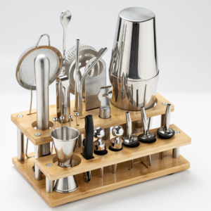 Custom mixology bartender kit 12pcs stainless steel Cocktail Shaker Set with Bamboo Stand