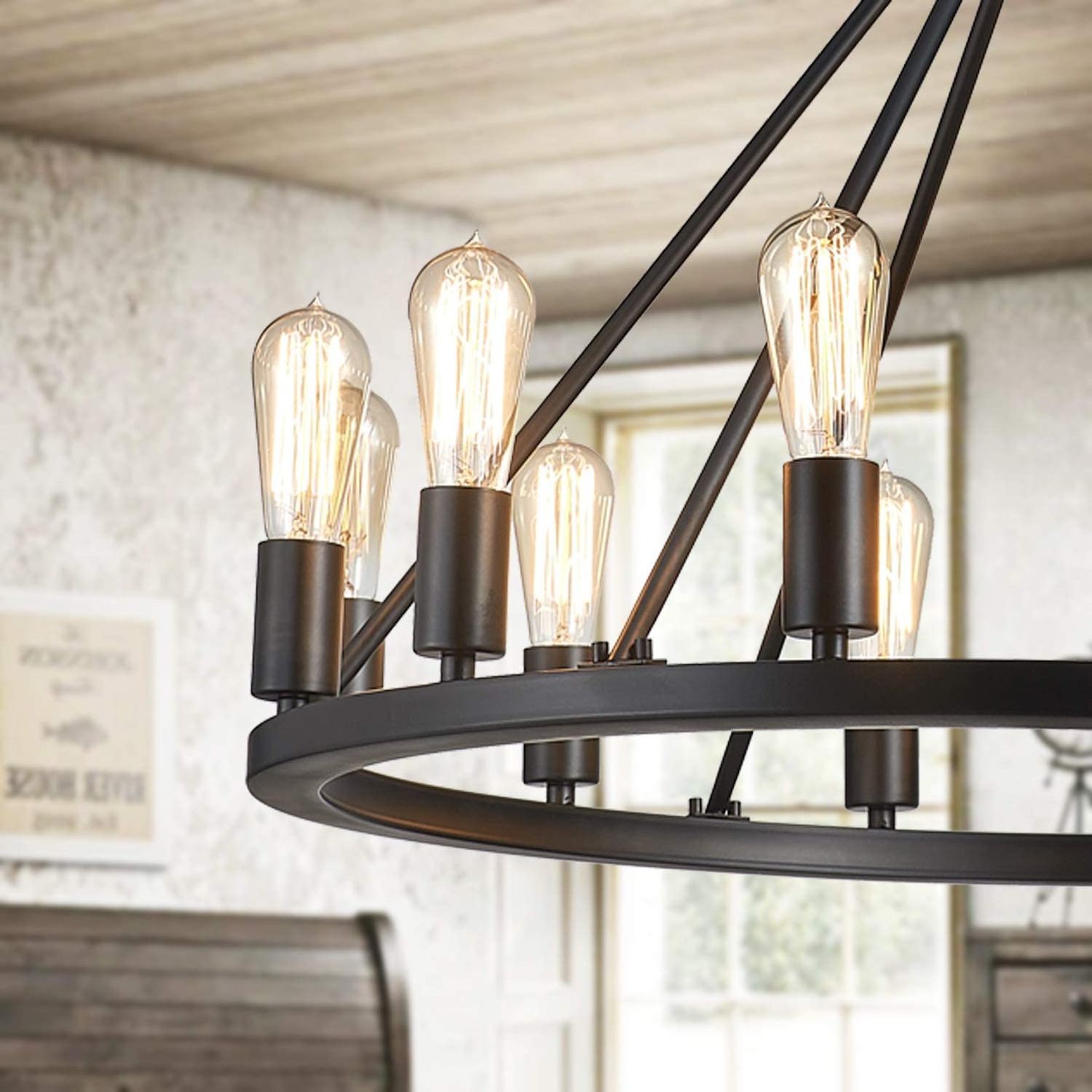 Antique Black Finish Metal Chandelier Lighting with 12 Lights Rustic Vintage Farmhouse Pendant Lighting in Industrial Country St