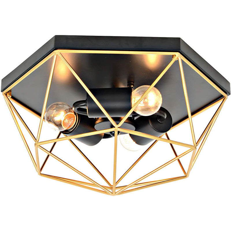 Black and Gold Ceiling Light Fixtures, 3-Light Modern Ceiling Lamp with Metal Wire Cage, Farmhouse Geometric Flush Mount Ceiling