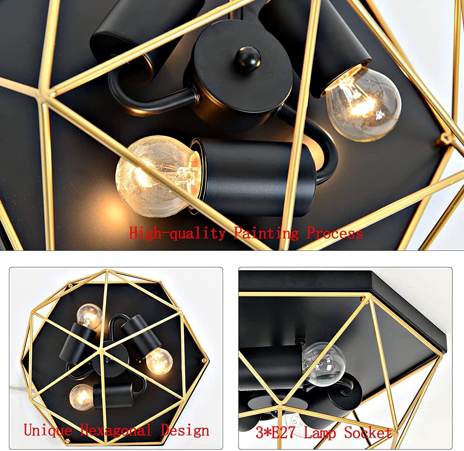 Black and Gold Ceiling Light Fixtures, 3-Light Modern Ceiling Lamp with Metal Wire Cage, Farmhouse Geometric Flush Mount Ceiling