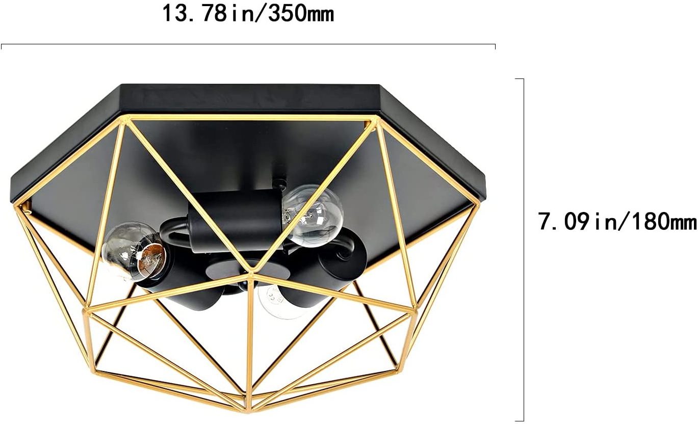 Black and Gold Ceiling Light Fixtures, 3-Light Modern Ceiling Lamp with Metal Wire Cage, Farmhouse Geometric Flush Mount Ceiling