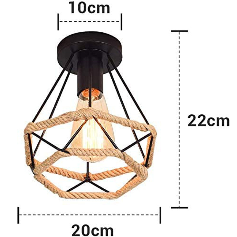 Industrial Vintage Style Semi Flush Mount Ceiling Light Metal Pendant with Hemp Rope