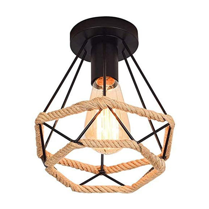 Industrial Vintage Style Semi Flush Mount Ceiling Light Metal Pendant with Hemp Rope