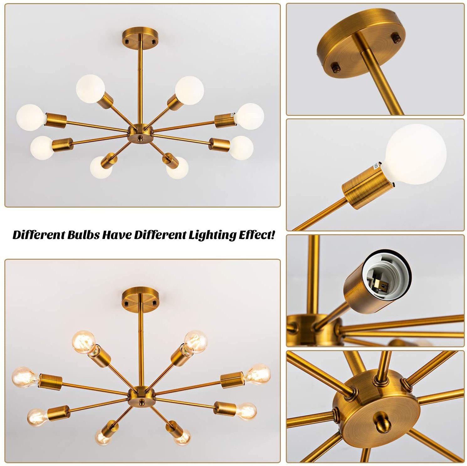 Foyer Sputnik Chandelier 8 Lights, Modern Semi Flush Mount Ceiling Lighting Mid Century Gold Bronze Pendant Light Fixture