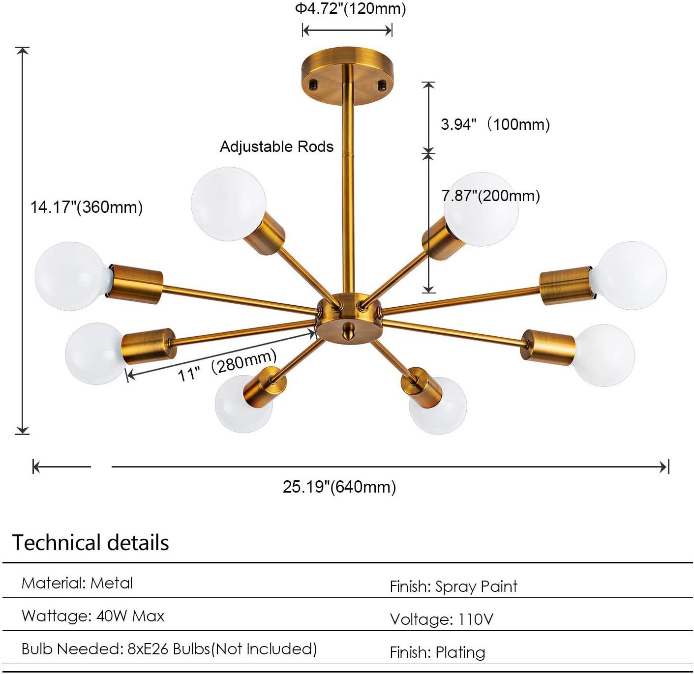 Foyer Sputnik Chandelier 8 Lights, Modern Semi Flush Mount Ceiling Lighting Mid Century Gold Bronze Pendant Light Fixture