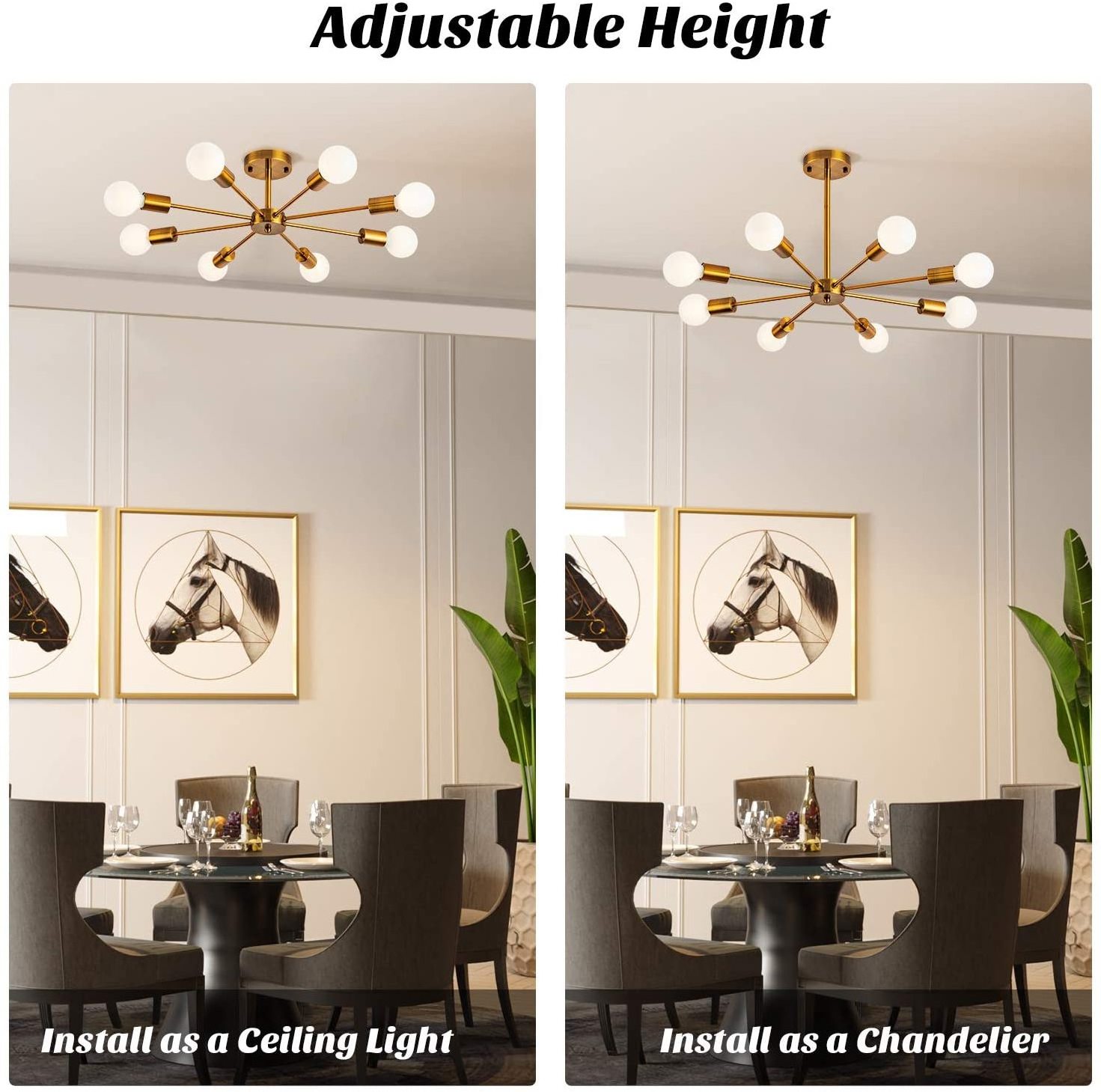 Foyer Sputnik Chandelier 8 Lights, Modern Semi Flush Mount Ceiling Lighting Mid Century Gold Bronze Pendant Light Fixture