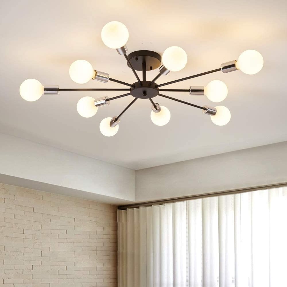 Surpars House Sputnik Chandelier, 10 Lights Semi Flush Mount Ceiling Light,Black & Silver