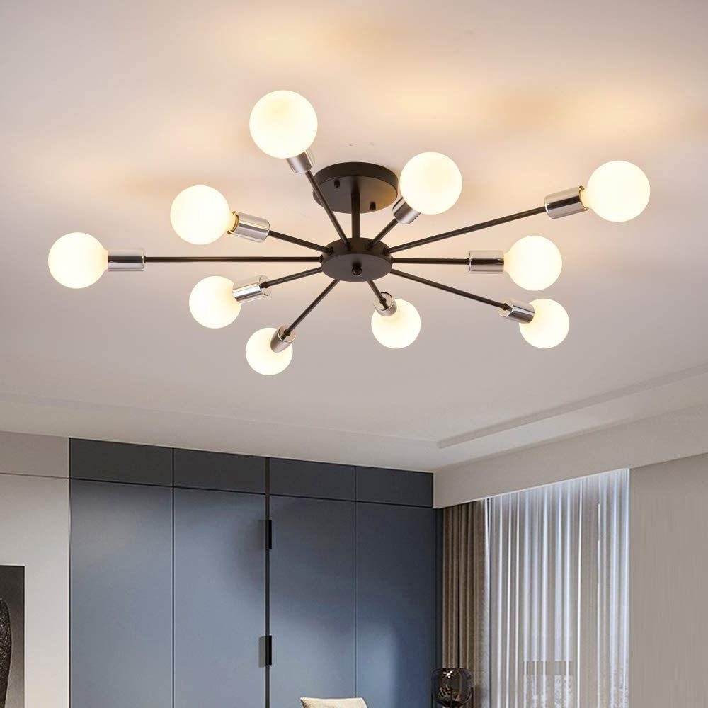 Surpars House Sputnik Chandelier, 10 Lights Semi Flush Mount Ceiling Light,Black & Silver