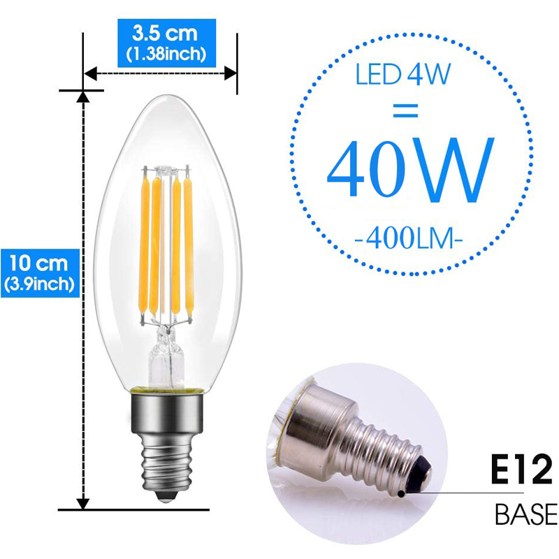 Non-Dimmable LED Candle Filament Light Bulb E12 Candelabra Base Efficient 4W Vintage Bulbs