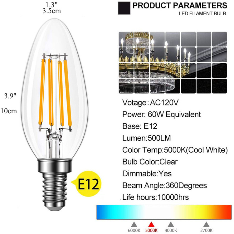 Non-Dimmable LED Candle Filament Light Bulb E12 Candelabra Base Efficient 4W Vintage Bulbs