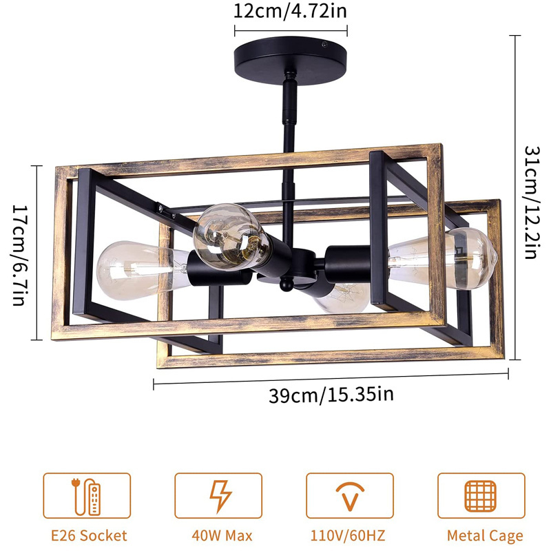 Contemporary Rectangle Flush Mount 2-Light Industrial Ceiling Pendant Light Fixture for Hallway Entryway