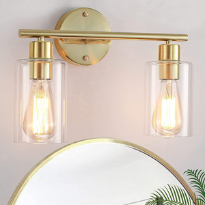 2 Light Gold Bathroom Vanity Light Fixtures Brushed Brass Bathroom Lighting Fixtures with Glass Shade