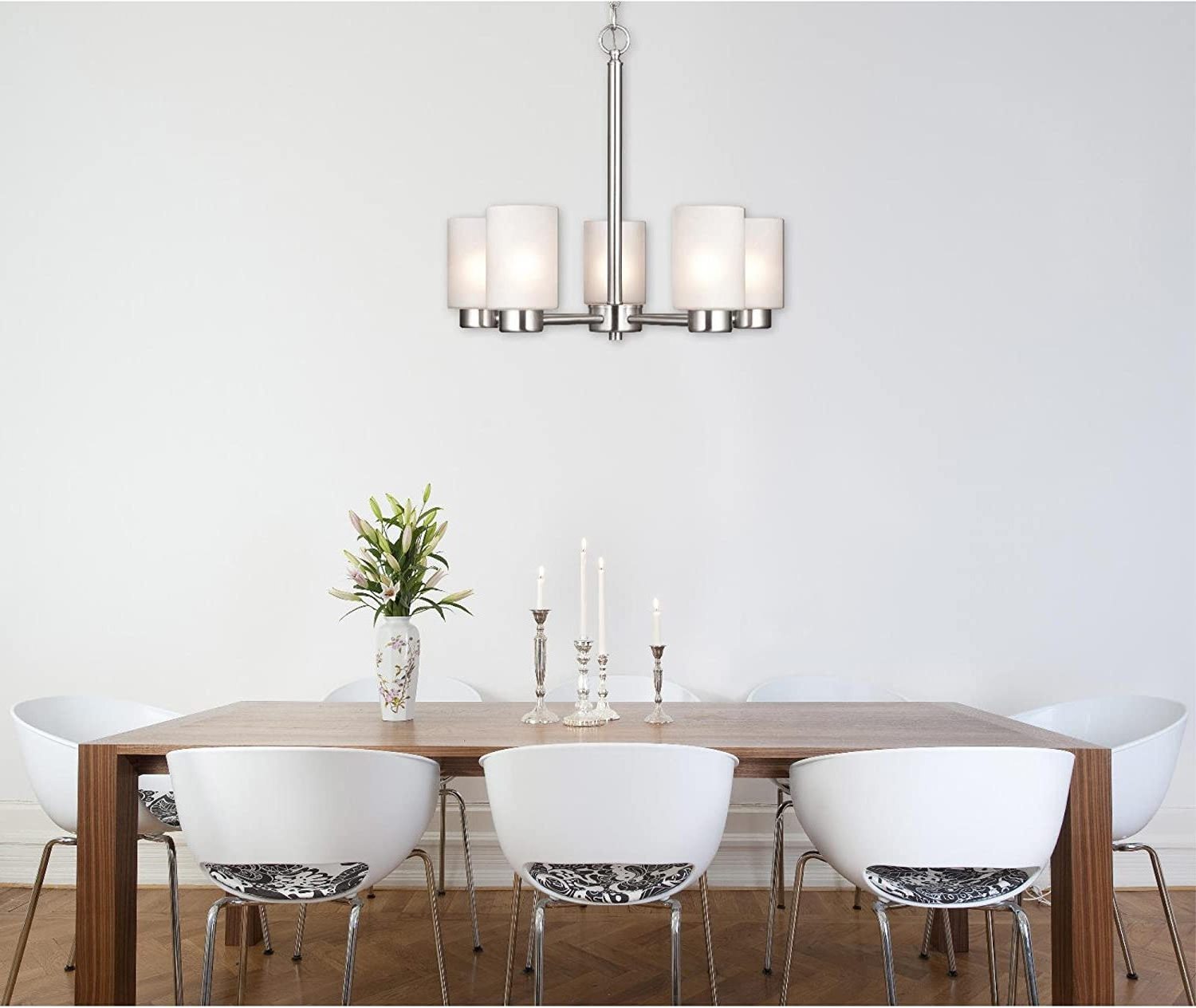 Five-Light Interior Chandelier Brushed Nickel Finish with Frosted Seeded Glass