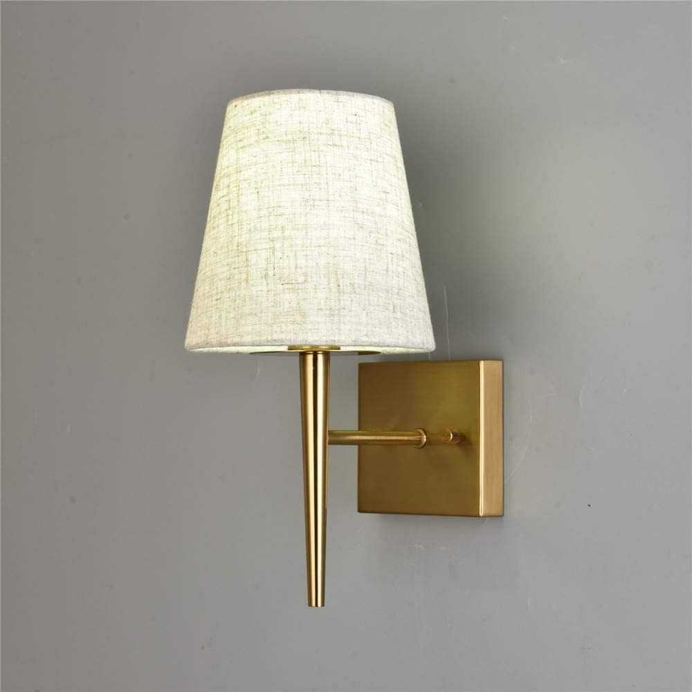 Mid-Century Modern Wall Sconce with Beige Fabric Shade 1-Light Antique Gold Indoor Wall Lamp Fixture