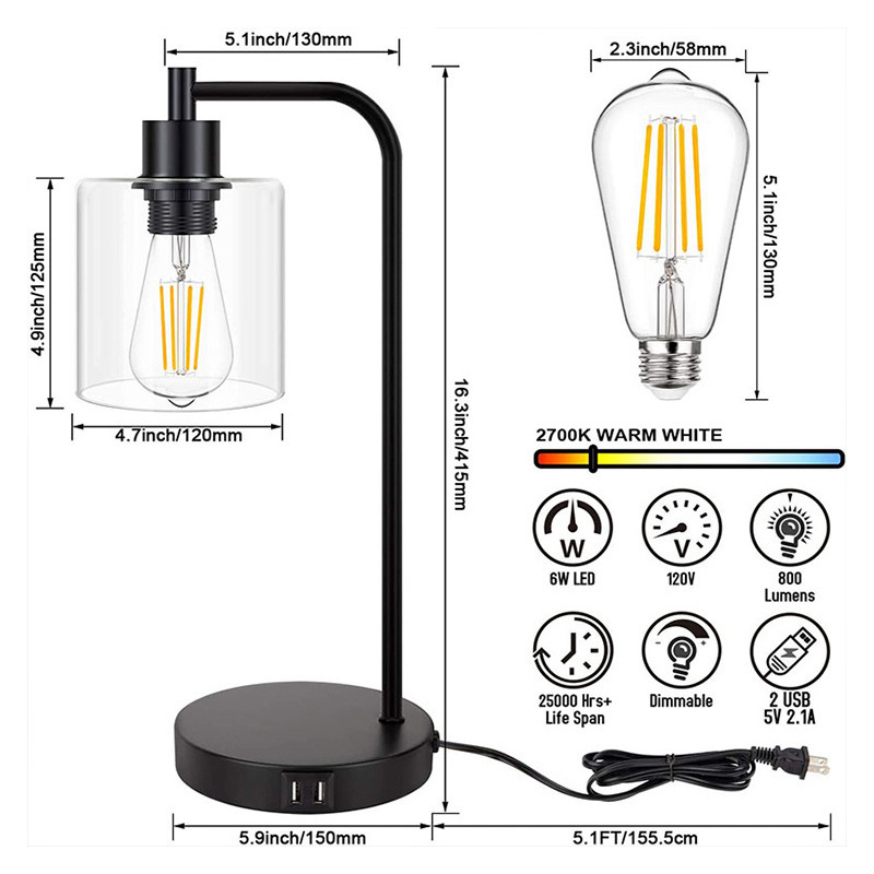 3-Way Double USB Charging Ports Desk Lamp Table Light for Office Bedroom Living Room