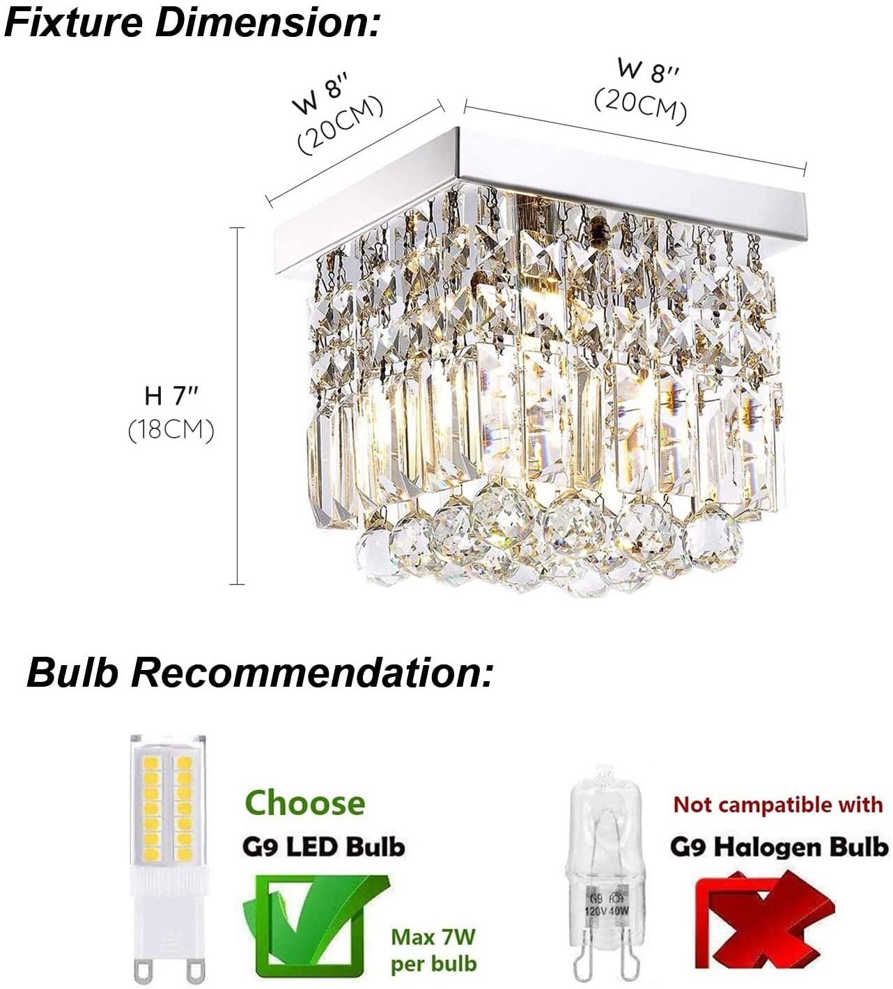 Hallway Crystal Chandelier Modern  1 - Light Mini Square Flush Mount Ceiling Light Fixture Chrome Finish