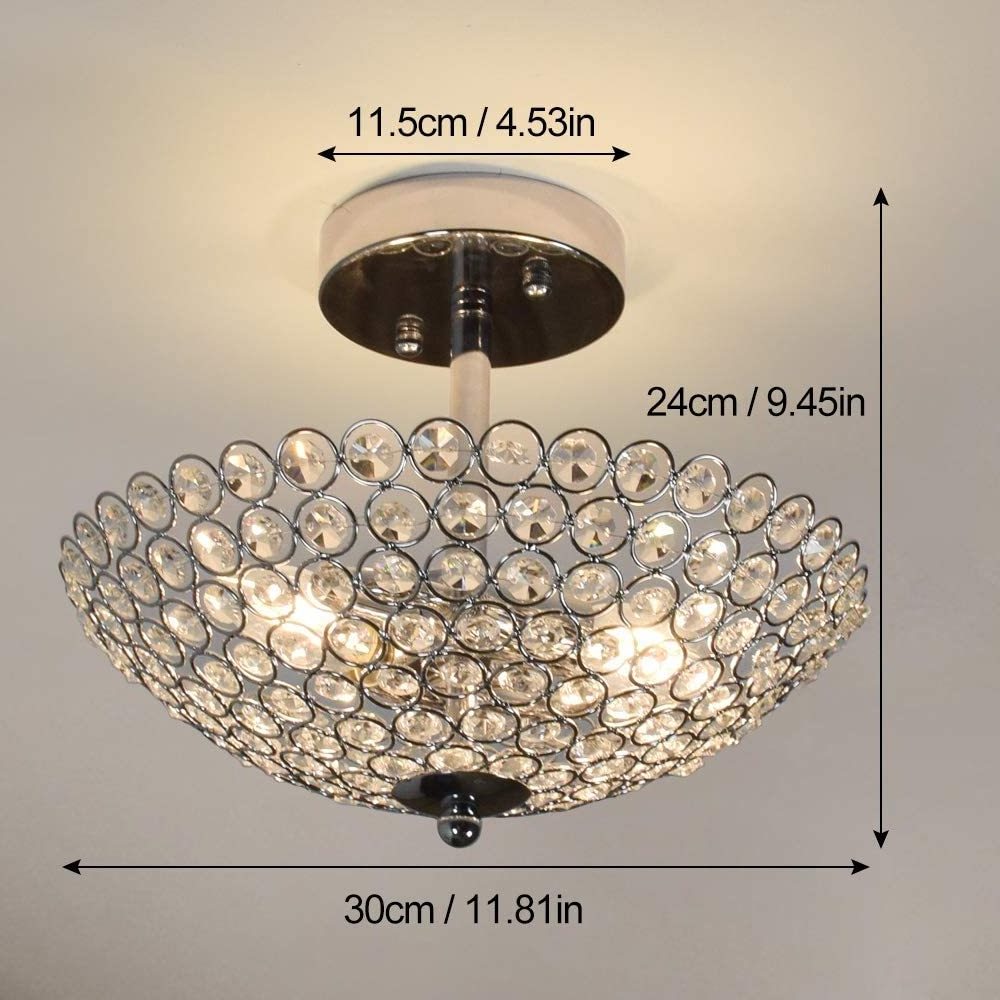 2-Light Elegant Crystal Semi Flush Mount Bedroom Ceiling Light Chandelier Bowl Shaped Glam Chrome Finish