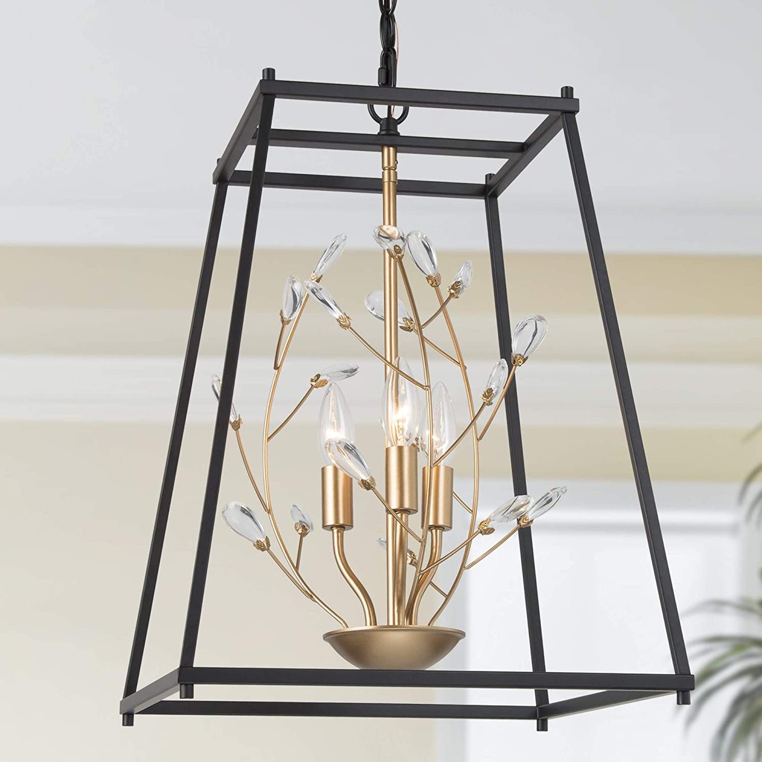 Modern Black Gold Chandelier with Crystal 3-Light Lantern Hanging Pendant Black Ceiling Light Flush Mounted Fixture