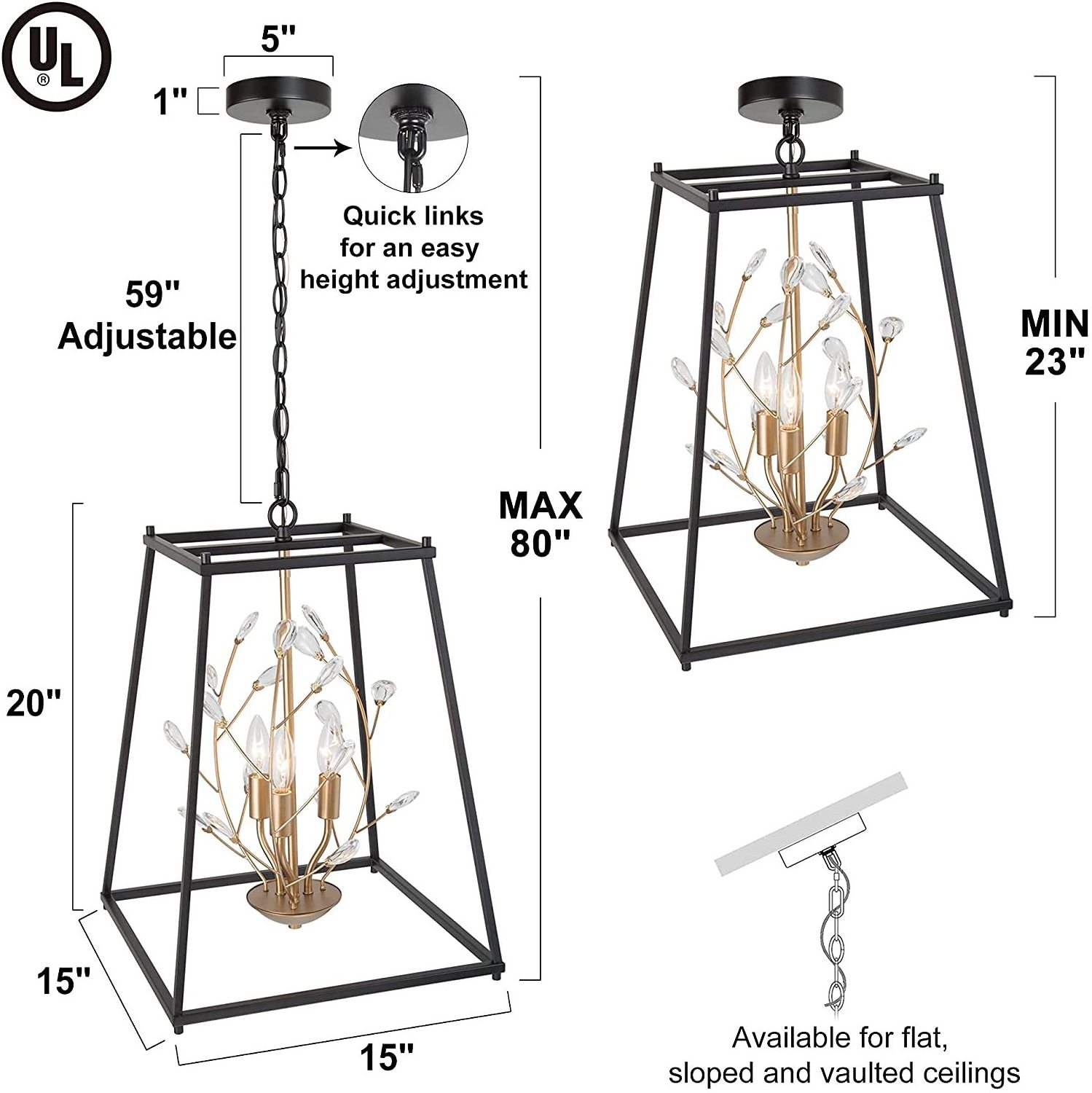 Modern Black Gold Chandelier with Crystal 3-Light Lantern Hanging Pendant Black Ceiling Light Flush Mounted Fixture