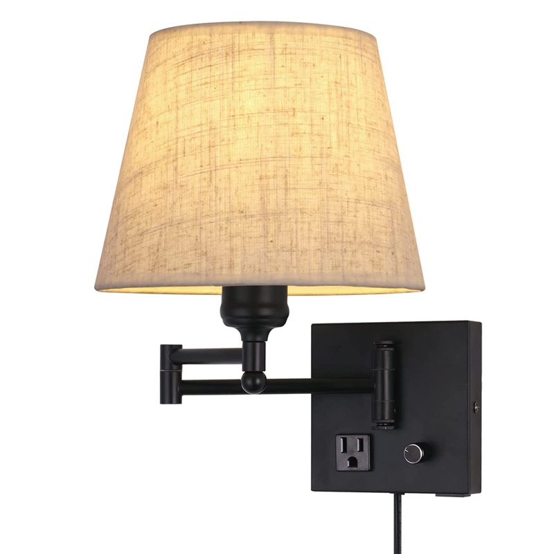 Bedside Wall Mount Light with Dimmable Switch and Outlet Swing Arm Fabric Shade Wall Sconce Light with USB Port and Plug in Cord