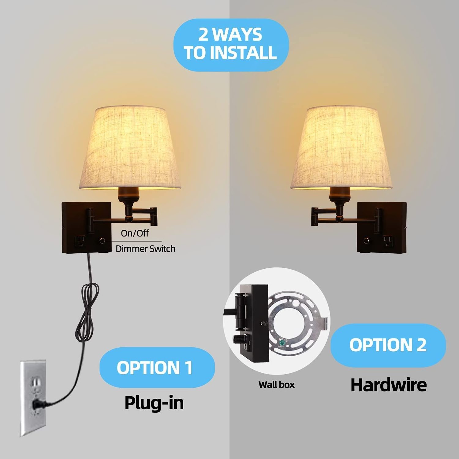 Bedside Wall Mount Light with Dimmable Switch and Outlet Swing Arm Fabric Shade Wall Sconce Light with USB Port and Plug in Cord